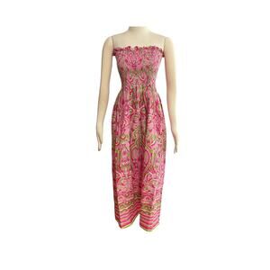 1990s Paisley Strapless Maxi Dress: Pink Green Mod Boho Summer Smock Size Small